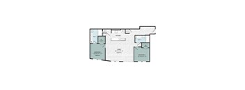 A floor plan of a house with two bedrooms, a living area, a kitchen, a bathroom, a laundry room, and a mudroom.