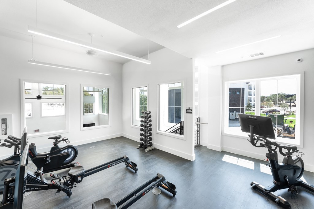 the gym has plenty of exercise equipment and windows
