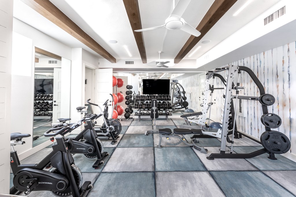 a gym with weights and cardio equipment and a tv on the wall