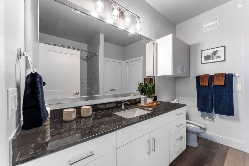 oversized bathroom with granite countertops