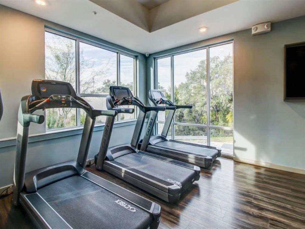 treadmills in the fitness room of a building with large windows
