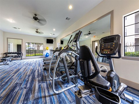 A gym with a row of exercise bikes and a mirror on the wall.
