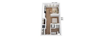A floor plan of a small apartment with a kitchen, living room, and bathroom.