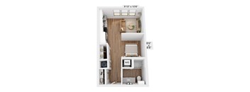 A floor plan of a small apartment with a kitchen, living room, and bathroom.