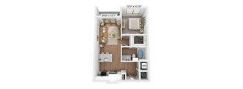 A floor plan of a small apartment with a living room, kitchen, and bathroom.