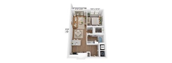 A floor plan of a small apartment with a living room, kitchen, and bathroom.