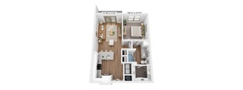 A 3D floor plan of a small apartment with a living room, kitchen, and bedroom.