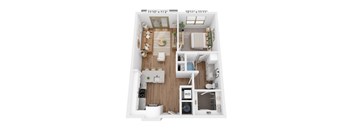 A top-down view of a small apartment with a kitchen, living room, and bathroom.