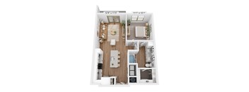 A top-down view of a small apartment with a living room, kitchen, and bathroom.
