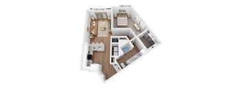 A floor plan of a small apartment with a living room, kitchen, and bathroom.