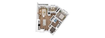 A floor plan of a house with a living room, kitchen, dining room, and two bedrooms.