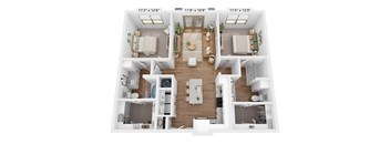 A 3D floor plan of a house with four rooms, each with a different size and layout.