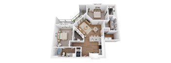 A 3D floor plan of a house with a living room, kitchen, and two bedrooms.