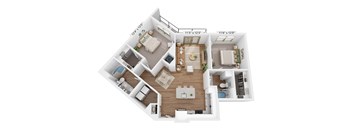 A 3D floor plan of a two-bedroom apartment.