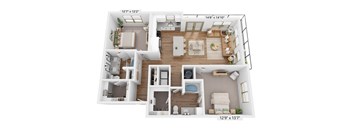 A 3D floor plan of a house with a living room, kitchen, and two bedrooms.