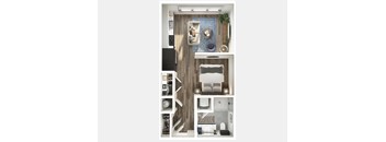 A modern apartment layout with a kitchen, living room, and bedroom.