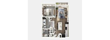 A top-down view of a small apartment with a kitchen, living room, and bathroom.