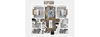 A top-down view of a house layout with a central bathroom and surrounding rooms.
