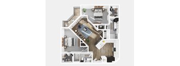 A top-down view of a house layout with a kitchen, living room, and bathroom.