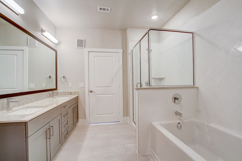 a bathroom with a tub and a sink and a mirror