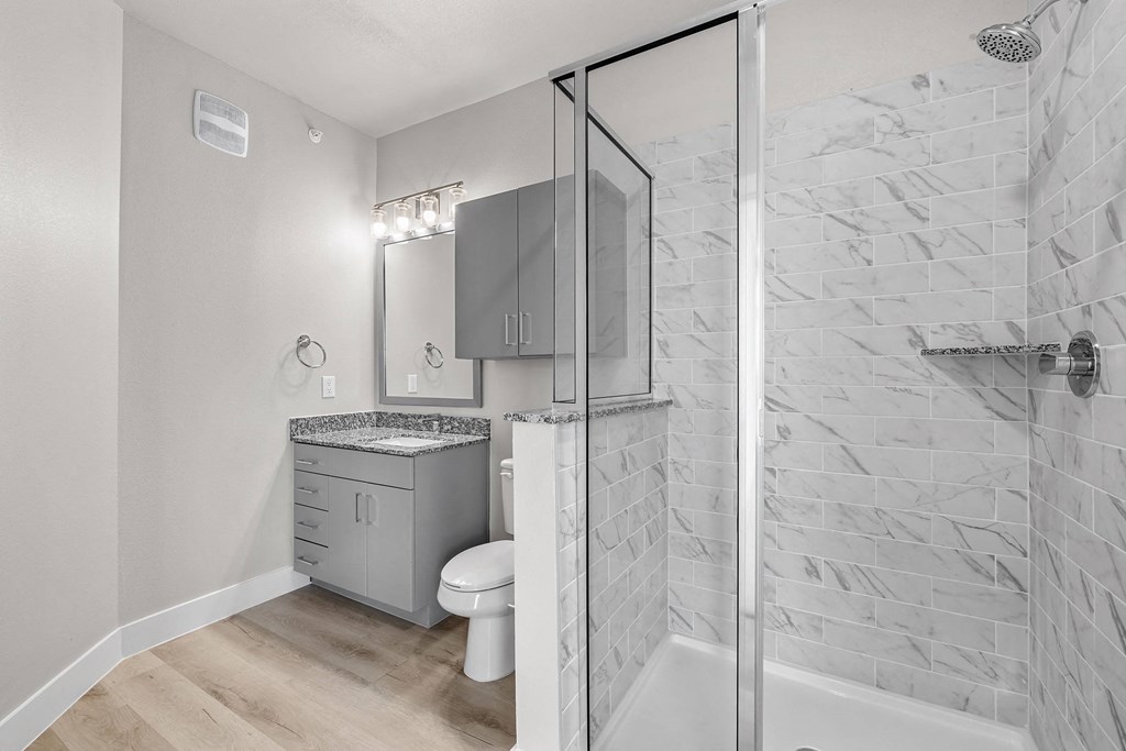 a bathroom with a shower and a toilet and a sink