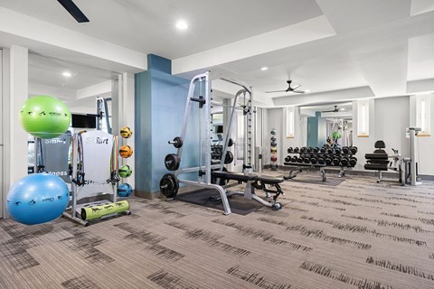 A gym with a variety of equipment including a squat rack, dumbbells, and a bench.