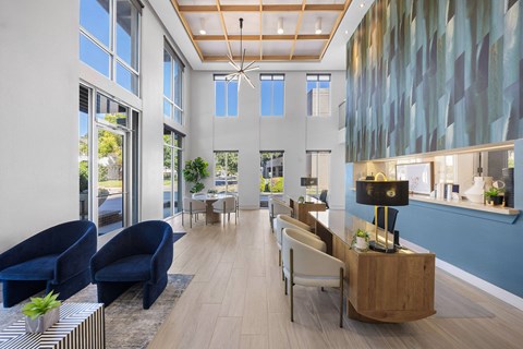 A modern office space with blue chairs and a wooden table.