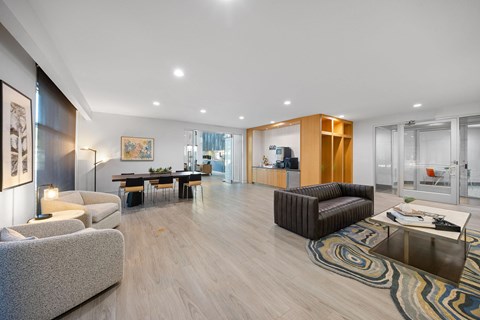 A modern living room with a grey sofa, a brown armchair, a wooden cabinet, and a patterned rug.