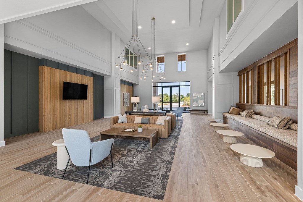 a rendering of a living room with couches and tables