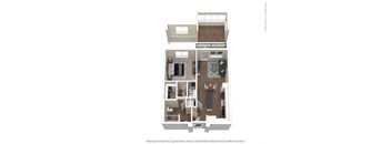 A 3D floor plan of a house with a kitchen, living room, and two bedrooms.