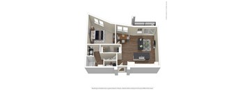 A 3D floor plan of a small apartment with a kitchen, living room, and bedroom.