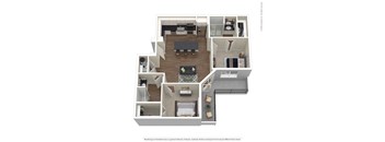 A floor plan of a two-story apartment with a living room, kitchen, and bedrooms.