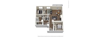 A 3D floor plan of a house with a kitchen, living room, dining room, and bedrooms.
