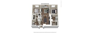 A 3D floor plan of a house with a kitchen, living room, and two bedrooms.