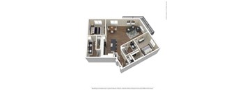 A 3D rendered image of a house layout.