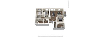 A 3D rendered image of a floor plan of an apartment.