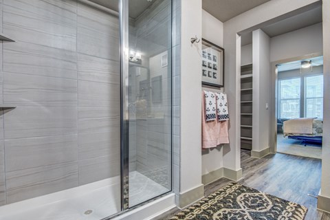 A bathroom with a glass shower door and a rug on the floor.