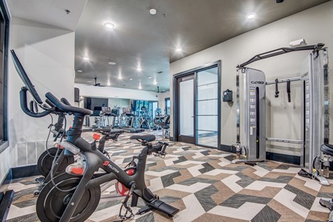 A gym with a variety of equipment including treadmills, stationary bikes, and weight machines.