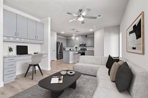 a living room with a couch and a table