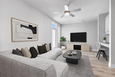 a living room with a couch and a coffee table