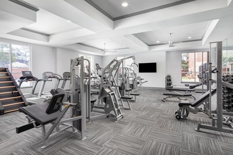 A spacious gym with a variety of equipment.