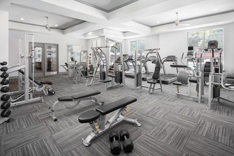 A spacious gym with a variety of equipment.