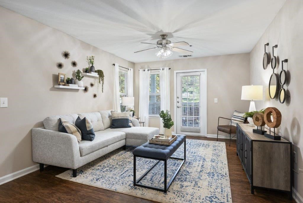 a living room with a couch and a coffee table