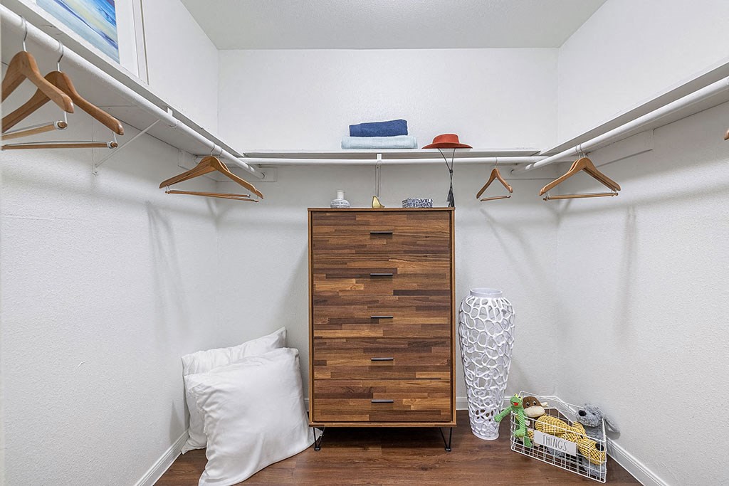 a bedroom with a dresser and a closet