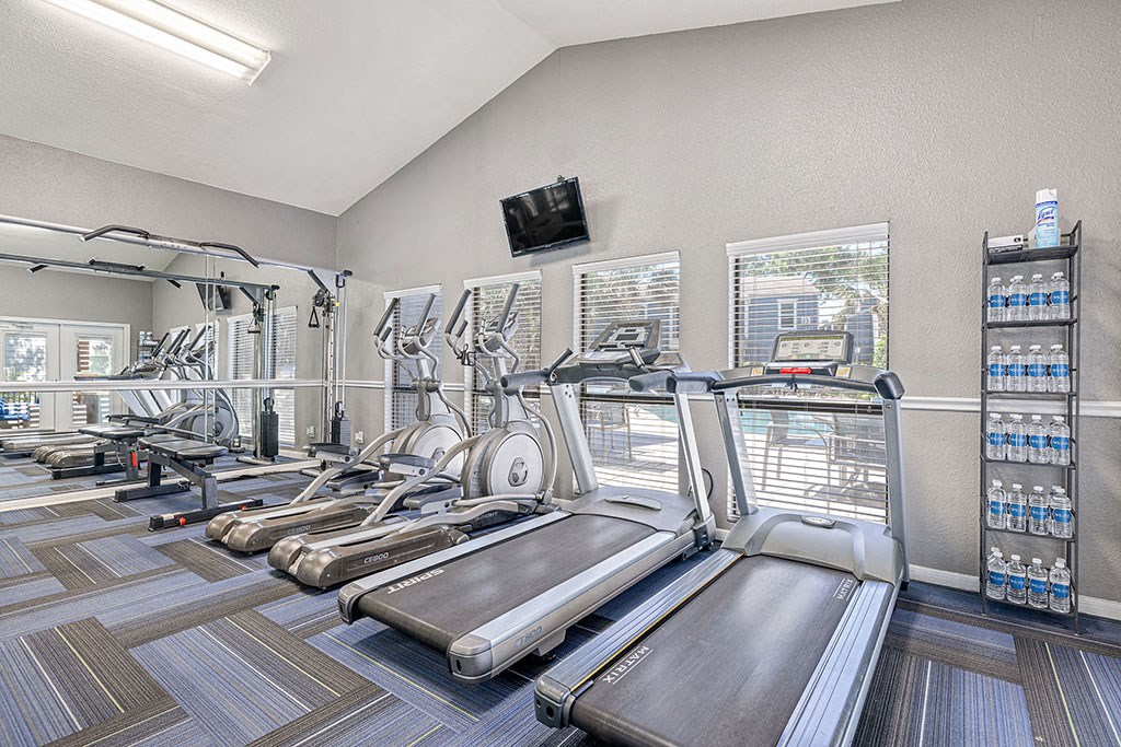 a gym with various cardio machines and a television