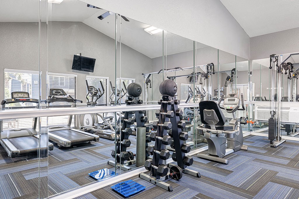 a gym with cardio equipment and mirrors in a building