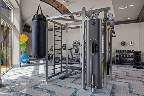 a gym with weights and a punching bag in the corner