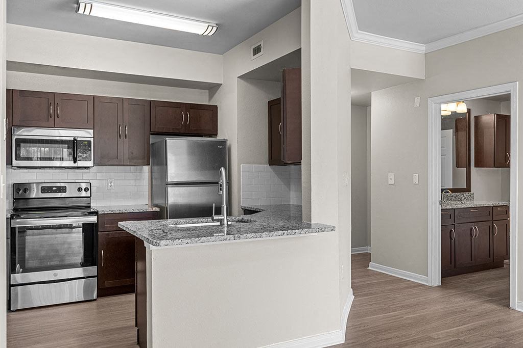 a kitchen with stainless steel appliances and a granite counter top
