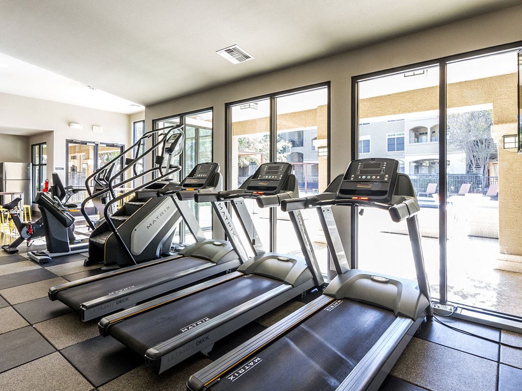 a gym with cardio equipment and large windows