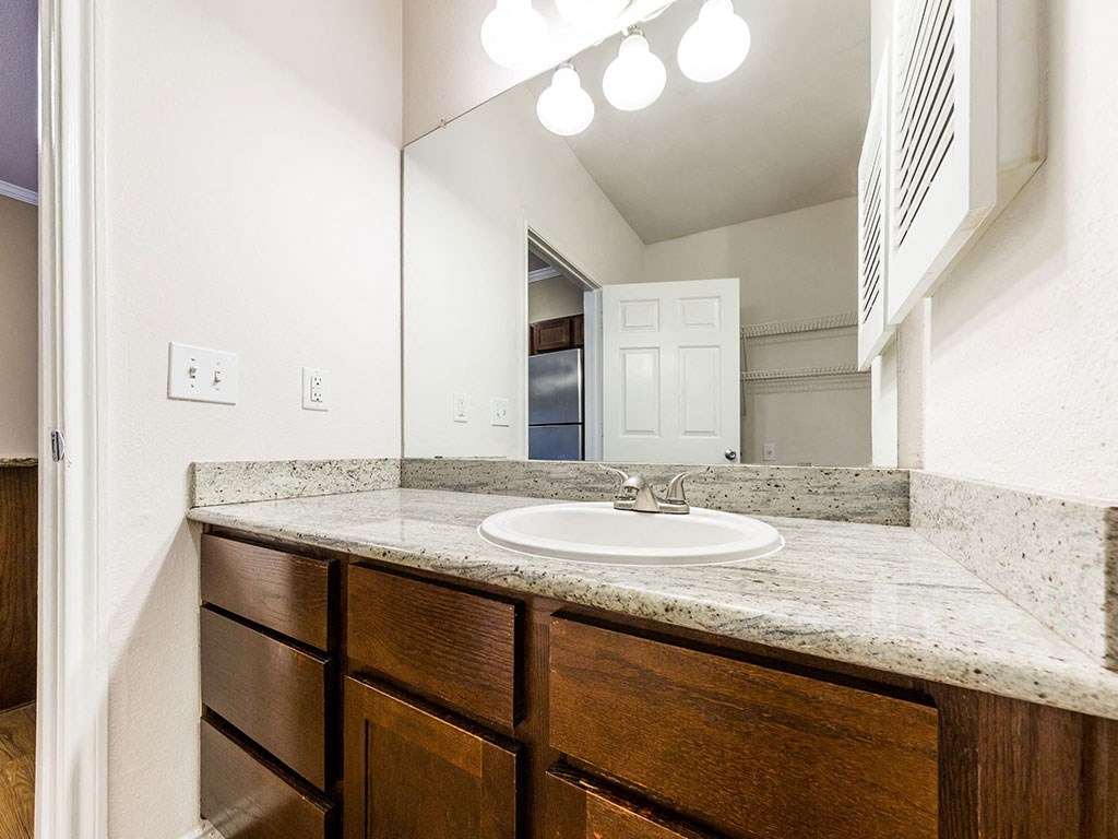 a bathroom with a sink and a mirror